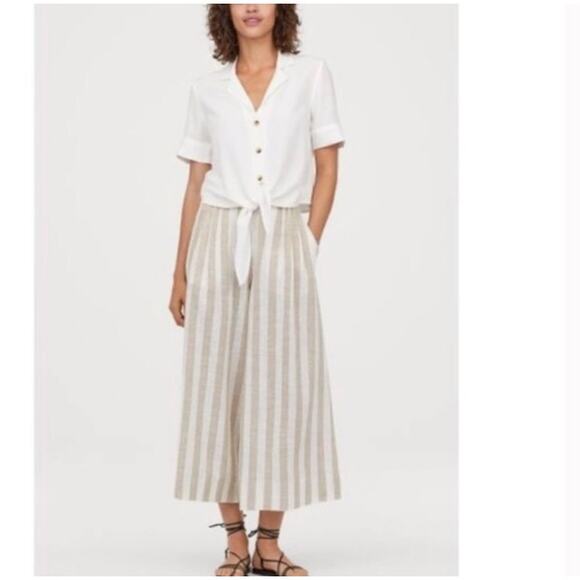 H&M Linen Blend Striped Pants Size 12 Cropped Wide Leg Coastal Grandma - Picture 9 of 9